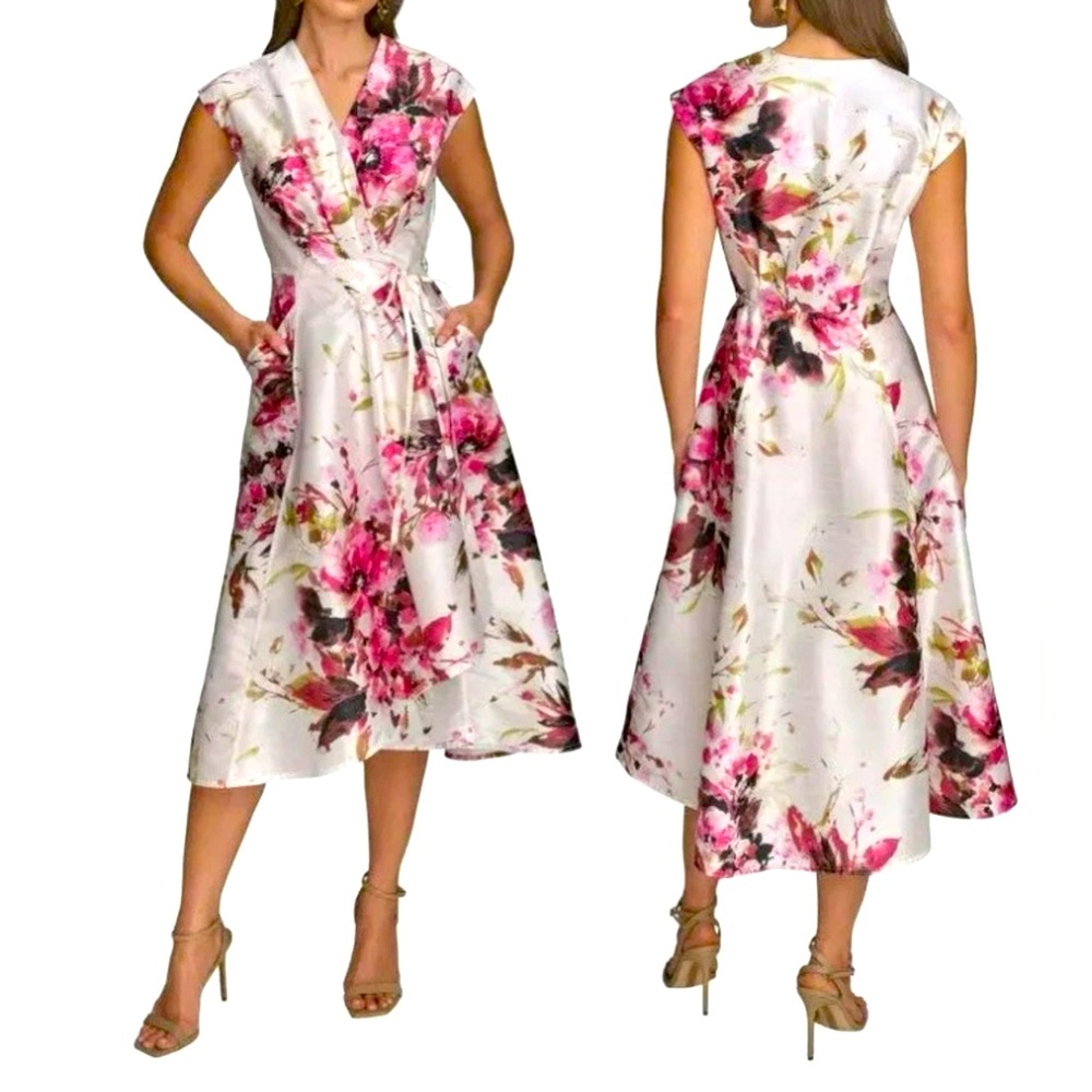Donna Karan White Floral Wrap Midi Dress with Pink Accents
